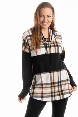 Front of the Plaid Drawstring Cowl Tunic style 285-4503 from Pure Essence in the color mocha