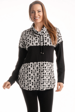Front of the Checkered Cowl Neck Tunic style 616-4503 from Pure Essence in the colors black and white