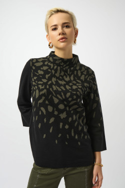 Front of the Jacquard Animal Print Sweater style 253912 from Joseph Ribkoff in the colors black and avocado