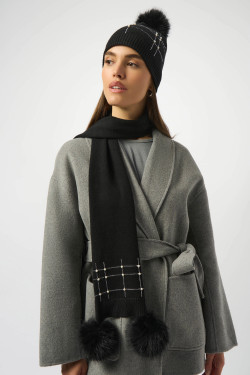 Front of the Knitted Faux Fur Pompom Scarf style 253970 from Joseph Ribkoff in the color black