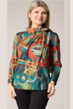 Front of the Abstract Sweater Top with Scarf style 25-11365 from Crystal in the teal/multicolor print