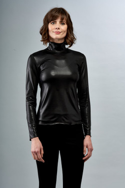 Front of the Glossy Foiled Mock Neck Long Sleeve Top style BCT7631A from Insight in the color black