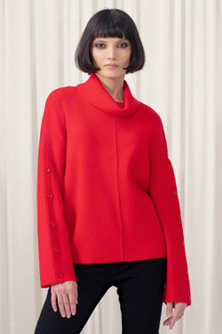 Front of the Cowl Neck Button Sleeve Sweater style EW35080 from Elena Wang in the color red