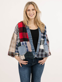 Front of the Lodge Plaid Patchwork Cardigan style 5573 from Shannon Passero in the multicolor print