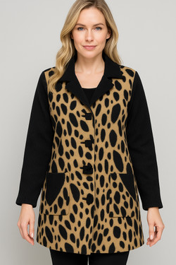 Front of the Leopard Print Button Up Coat style 5904 from Michael Tyler in the color camel