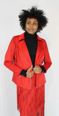 Front of the Fringe Sachay Moto Jacket style P714144D from Berek in the color red