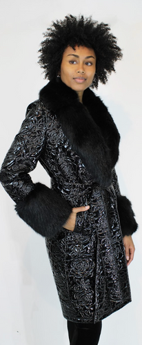 Front of the Glossy Quilted Floral Wrap Coat style P708447 from Berek in the color black