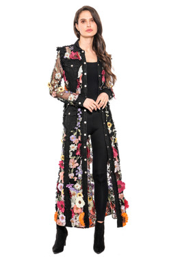 Front of the Long Denim Lace Jacket style L2406B from Adore in the color black