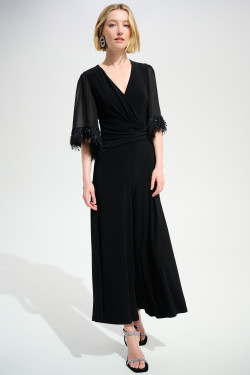 Front of the Silky Knit Wide Leg Jumpsuit With Chiffon Sleeves style 261761 from Joseph Ribkoff in the color black