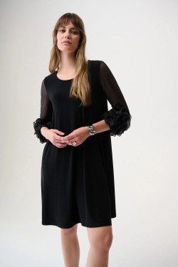 Front of the Silky Knit and Mesh A-Line Dress With Ruffled Trim style 261212 from Joseph Ribkoff in the color black