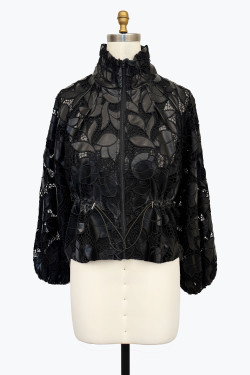 Front of the Pleather Lace Zip Jacket style 2487 from Damee in the color black