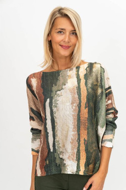 Front of the Abstract Multicolor Print Sweater style 9008 from Look Mode in the color olive