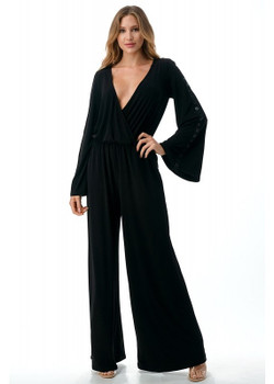 Front view of the Bell Sleeve Grommet Jumpsuit from Ariella in the color black