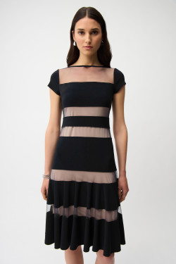 Front of the Silky Knit Fit and Flare Dress With Mesh Inserts style 261050 from Joseph Ribkoff in the color black