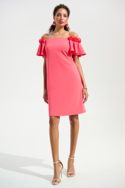 Front of the Scuba Crepe Off-Shoulder Shift Dress With 3D Flower Trim style 261734 from Joseph Ribkoff in the color paradise coral