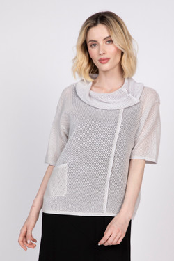 Front of the Mesh Net Cowl Neck Top style 310121 from Olivia in the color sand