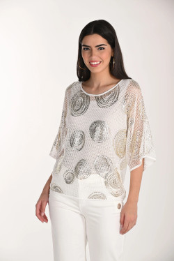 Front of the Mesh Abstract Spiral Print Topper style 266120 from Frank Lyman in the colors off white and gold