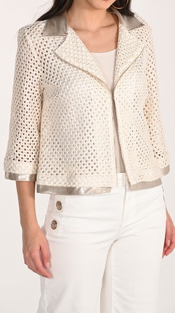 Front of the Mesh Knit Jacket with Gold Trim style 266282 from Frank Lyman in the colors beige and gold