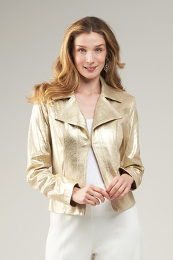 Front of the Metallic Vegan Leather Jacket with Button Trim from Insight in the color liquid gold