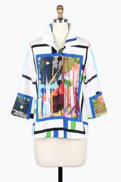 Front of the Abstract Art Button-Up Jacket style 5077 from Damee in the multicolor print