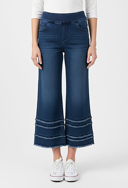Front of the Wide Leg Fringe Capris style P8MED from Ethyl in the color blue
