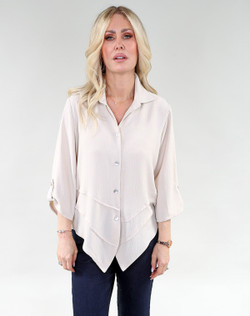 Front of the Asymmetric Hem 3/4 Sleeve Blouse style 156 from Michael Tyler in the color sand