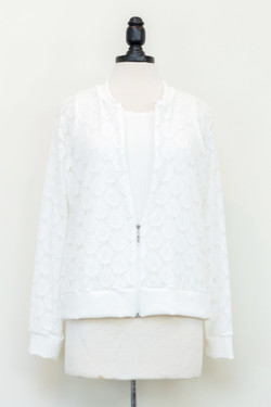 Front of the Zip-Up Mesh Dot Jacket style 462 from Vine Street in the color white