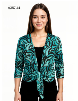Front of the Teal Abstract Print Tie-Front Cardigan style A357-J4 from Creation in the teal / multi print