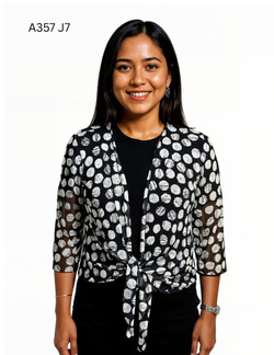 Front of the Polka-Dot Tie Front Shrug style A357-J7 from Creation in the colors black and white