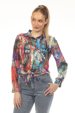 Front of the Tie Front Graffiti Top with Stones style Z13321 from AZI Jeans in the multicolor print