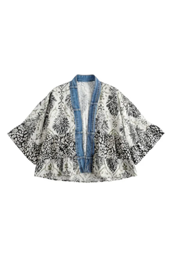 Front of the Tiffany Denim Trim Cardigan style 5474 from Shannon Passero in the multi print