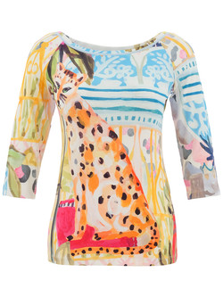 Front of the Cheetah In The City Scoop Neck Top style 26710 from Dolcezza in the multicolor print