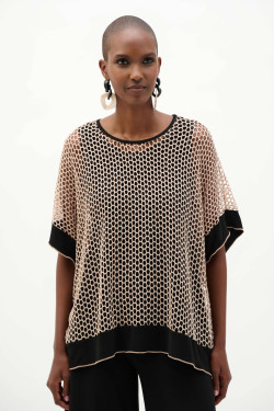 Front of the Silky Knit And Mesh Trapeze Top With Contrast Cuffs style 262160 from Joseph Ribkoff in the colors black and beige