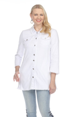Front of the Long Frayed Hem Denim Jacket style Z12018 from AZI Jeans in the color white