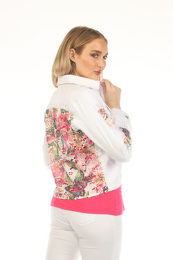 Back of the Blingy Laser Cut-Out Floral Jacket style Z13372 from AZI Jeans in the color white