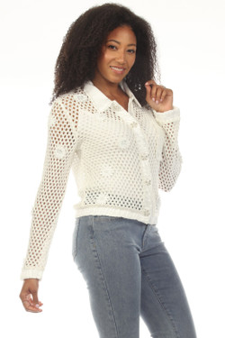 Side of the Open Knit Jacket with Flowers style Z13462 from AZI Jeans in the color white