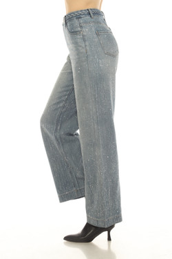 Side of the Rhinestone Striped Wide Leg Jeans style Z13434 from AZI Jeans in the color denim