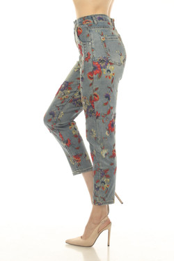 Side of the Beaded Floral Print Ankle Jeans style Z13488 from AZI Jeans in the color denim