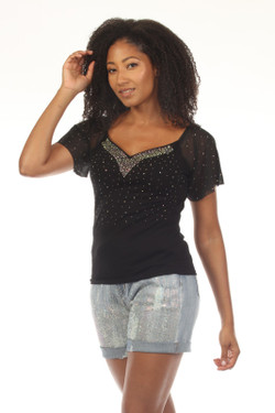 Front of the Flutter Sleeve Bling Top style Z13484 from AZI Jeans in the color black