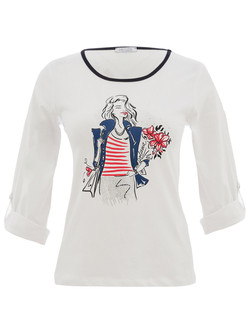 Front of the Blingy Bouquet 3/4 Sleeve Top style 26100 from Dolcezza in the color white