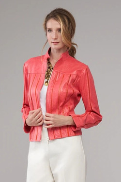 Front of the Mesh Insert Faux Vegan Leather Jacket style BCJ4736 from Insight in the color coral