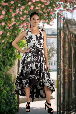 Front of the Hi-Low Bubble Dress style S26012 from Samuel Dong in the colors white and black