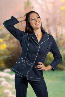 Front of the Embroidered Eyelets Denim Blazer style S26009 from Samuel Dong