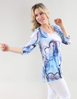 Front of the Blue 3/4 Sleeve Scoop Neck Top style 145 from Michael Tyler in the multi print