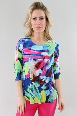 Front of the Blue Yellow 3/4 Sleeve Scoop Neck Top style 158 from Michael Tyler in the multi print