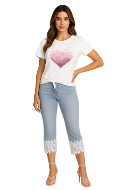 Front of the Lace Trim Jean Capris style 261123 from Orly in the color blue