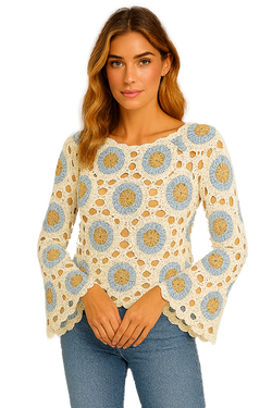 Front of the Scalloped Crochet Sweater style 261314 from Orly in the colors white and blue
