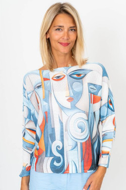 Front of the Abstract Face Print Batwing Sweater style 0930 from Look Mode in the colors blue and silver