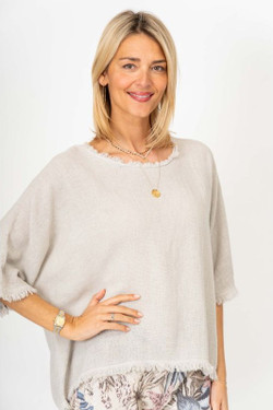 Front of the Linen Raw Edge Top style 2953 from Look Mode in the color beige