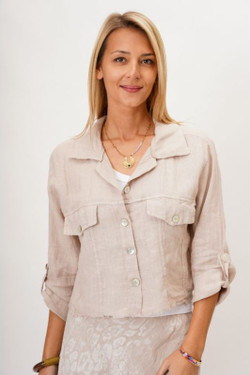 Front of the Linen Raw Edge Crop Jacket style 2233 from Look Mode in the color beige